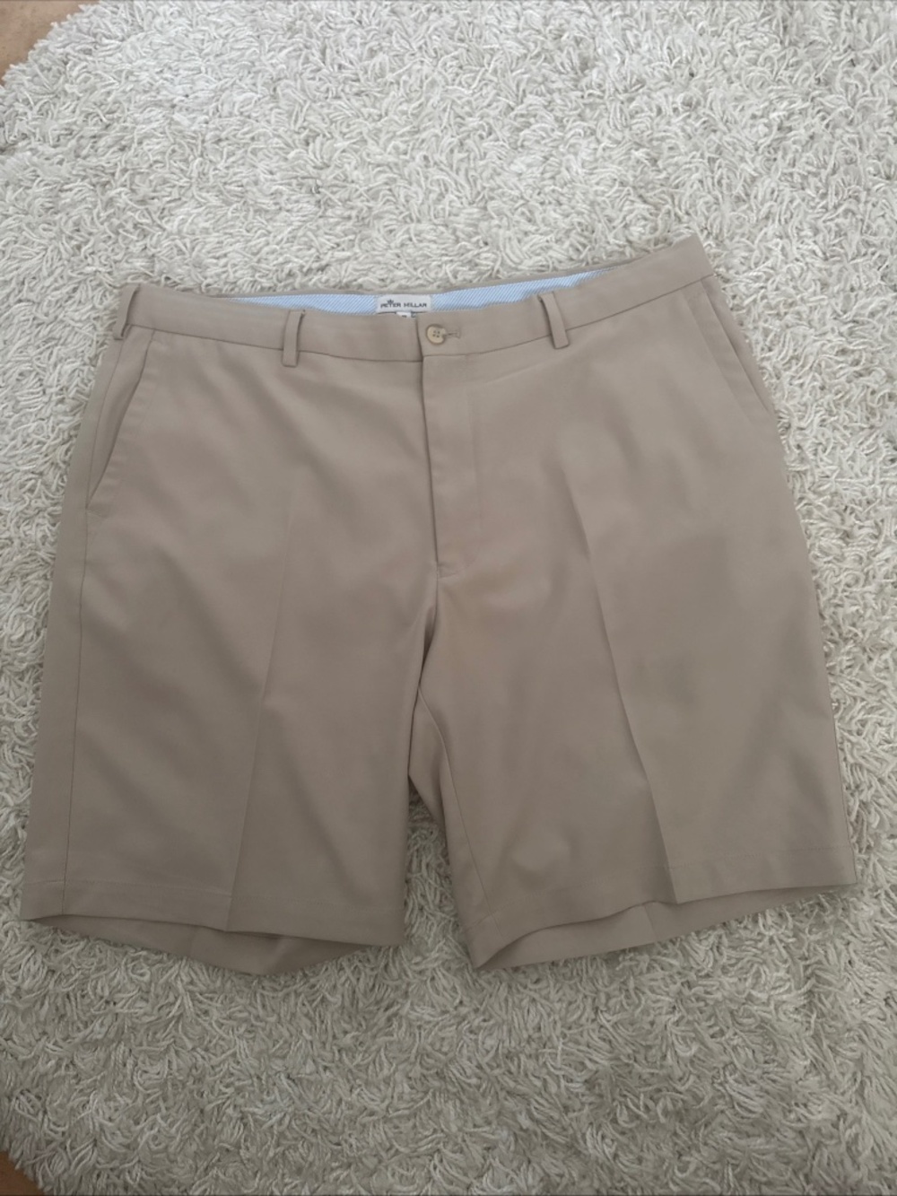 Peter Millar Mens Size 38 Beige Flat Front Bermuda Golf Shorts Polyester Blend